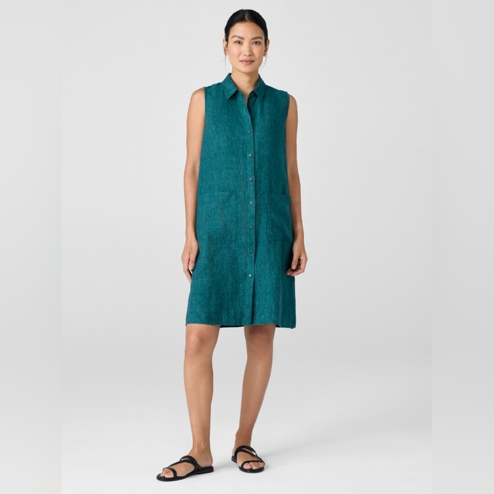 Eileen Fisher Washed Organic Linen Délavé Sleeveless Shirtdress, Nile Blue, M